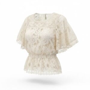 Endless Designs Cream Floral Lace Peplum Top Flutter Sleeve Crochet Yoke XL